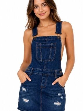 Wax Jean Distressed Denim Overall Dress Size M